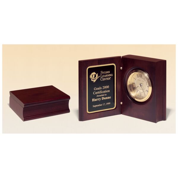 5 3/8" x 4 1/4" Hand Rubbed Finish Book Clock w/ Spun Dial, 3 Hand Movement, Plate Thumbnail