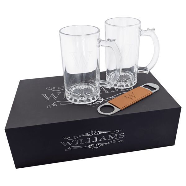 Lazerburst Beer Set with Two 14 oz. Mugs and One Laserable Leatherette Bottle Opener Thumbnail