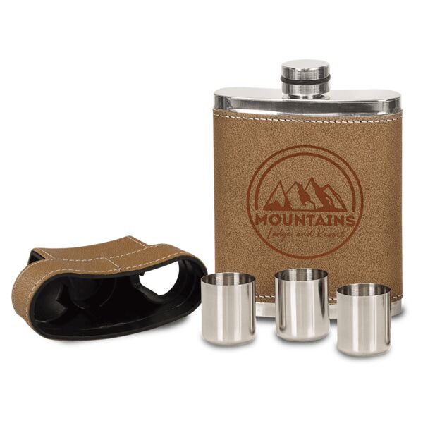 7 oz. Leather Flask with Lid & 3 Shot Glasses Thumbnail