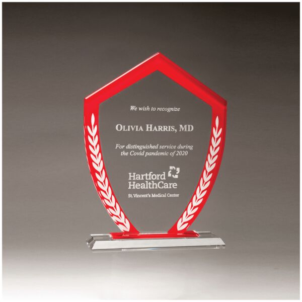 7 1/4" x 9 5/8" Shield Shaped Glass Award with Border and Laurel Leaves Thumbnail