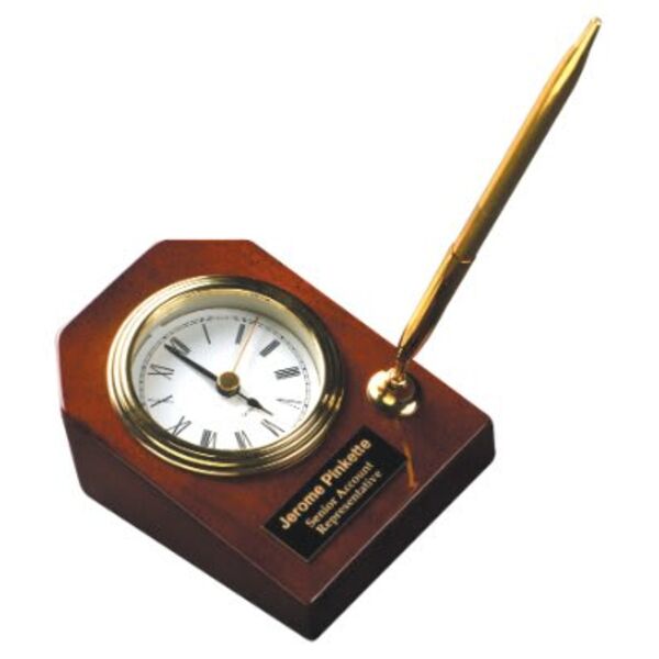 3 5/8" x 4 3/4" Piano Finish Desk Clock with Pen Thumbnail