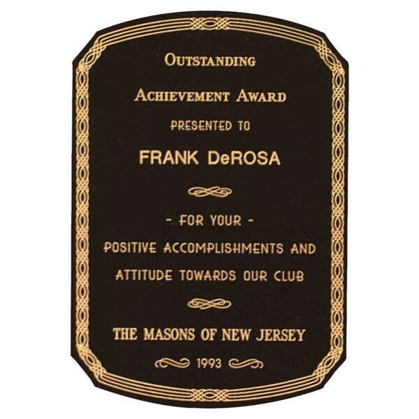 5 5/8" x 6 5/8" Laserable Brass Notched Corner Plate with Radius Top and Bottom, Florentine Design Border, and Four Holes Thumbnail