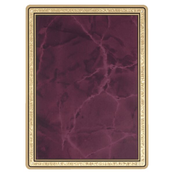 8 3/8" x 10 7/8" Ruby Marble Brass Plated Steel Plate with Round Corners, Florentine Border, and Four Holes Thumbnail