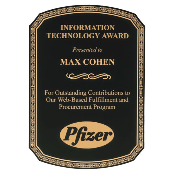 6" x 8 1/2" Laserable Brass Plate with Notched Corners, Rounded Top and Bottom with Leaf Design Border and Four Holes Thumbnail