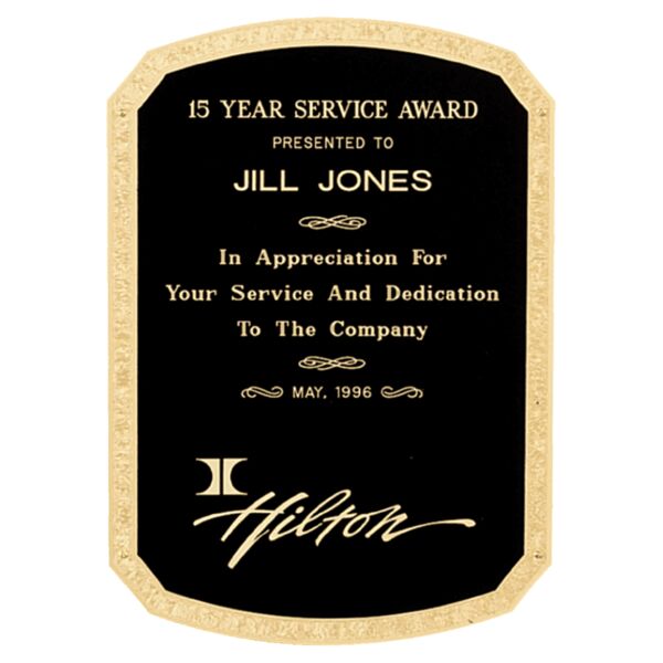 6" x 8 1/2" Brass Plated Steel Textured Clipped Corner Top and Bottom Radius Plate with Florentine Border Thumbnail