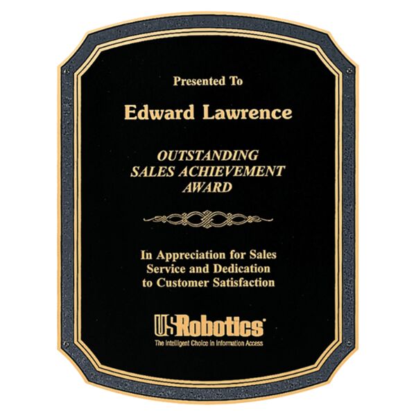 7 1/8" x 10 1/8" Textured Brass Plated Steel Plate with Notched Corners, Rounded Top and Bottom, Florentine Border and Four Holes Thumbnail