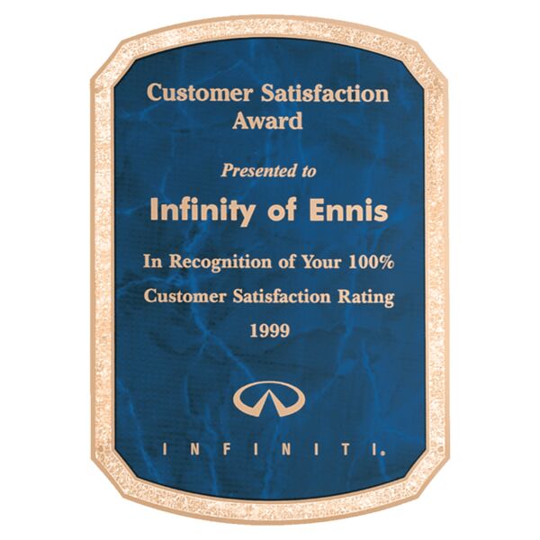 6" x 8 1/2" Brass Plated Steel Sapphire Marble Plate with Notched Corners, Rounded Top and Bottom, Florentine Border and Four Holes Thumbnail