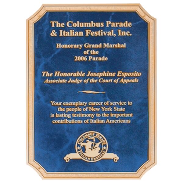 6" x 8 1/2" Sapphire Marble Laser Engravable Brass Plated Steel Plate with Notched Corners, Florentine Border and Four Holes Thumbnail