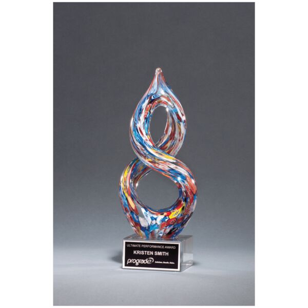 10" Helix Multi-Color Art Glass on Glass Base with Laserable Aluminum Plate Thumbnail