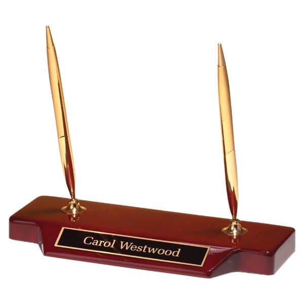 3 3/4" x 9" Double -Tone Pen Set on Piano Finish Base with Brass Plate Thumbnail